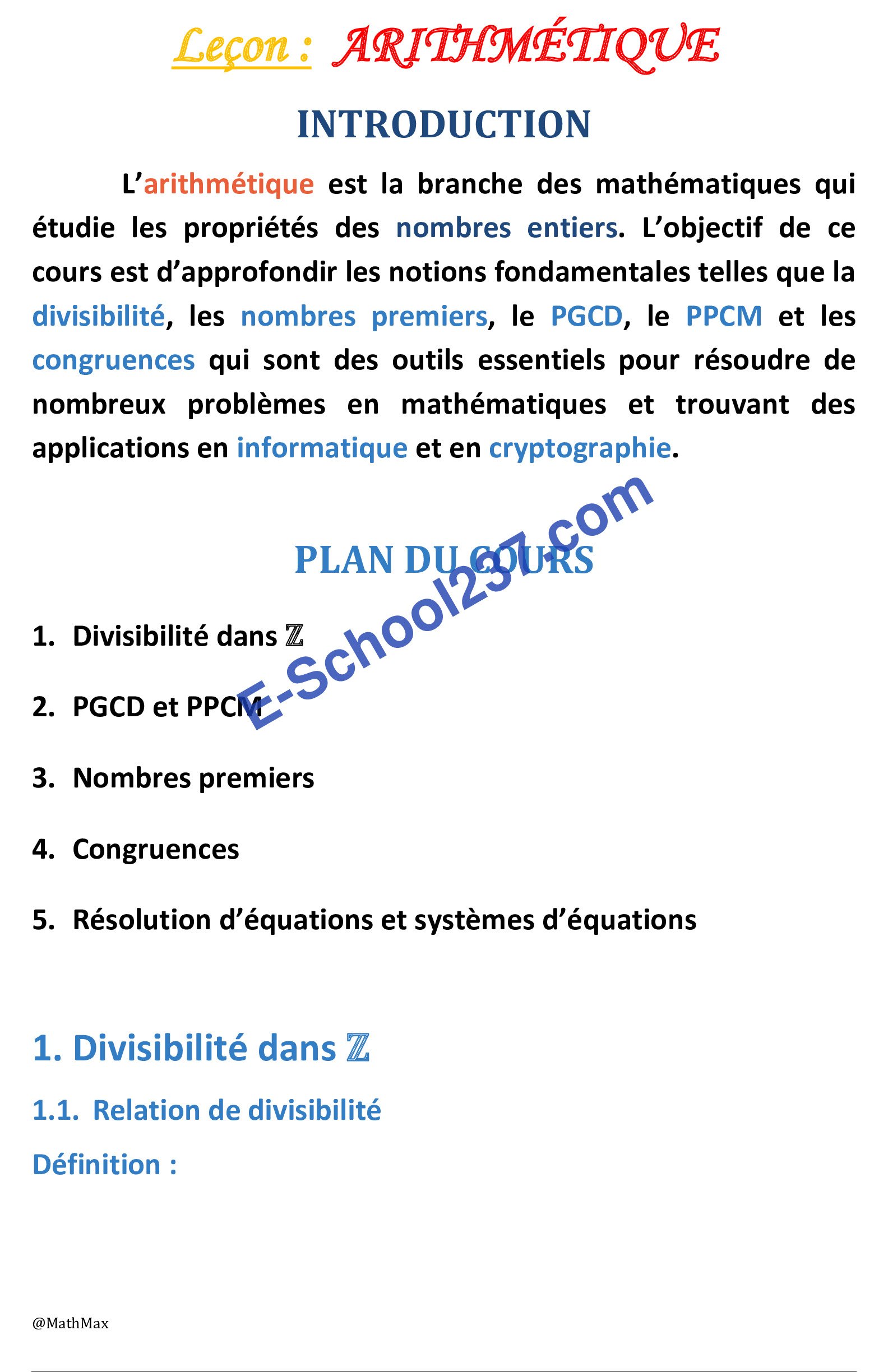 Petit cours d'Arithmetique TleC